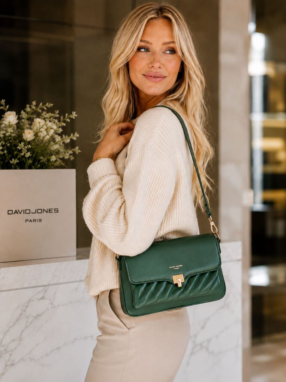 David Jones Paris Green Quilted Shoulder Bag Crossbody Gold Hardware NWT